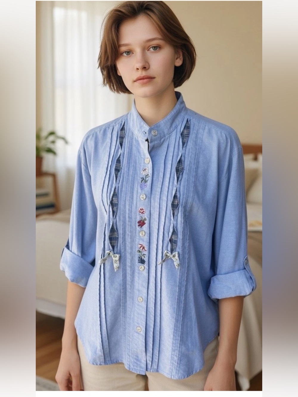 Napa Valley Tunic Top PM Chambray Blue Embroidered Flowers Pintucks Roll Tab Slv